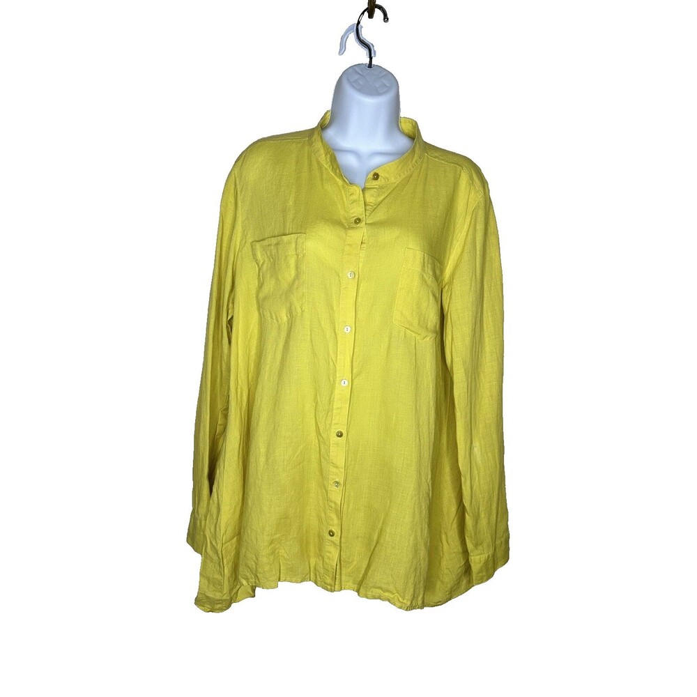 EILEEN FISHER Butter Yellow Linen Oversized Button Top Tunic M Lagenlook Coastal